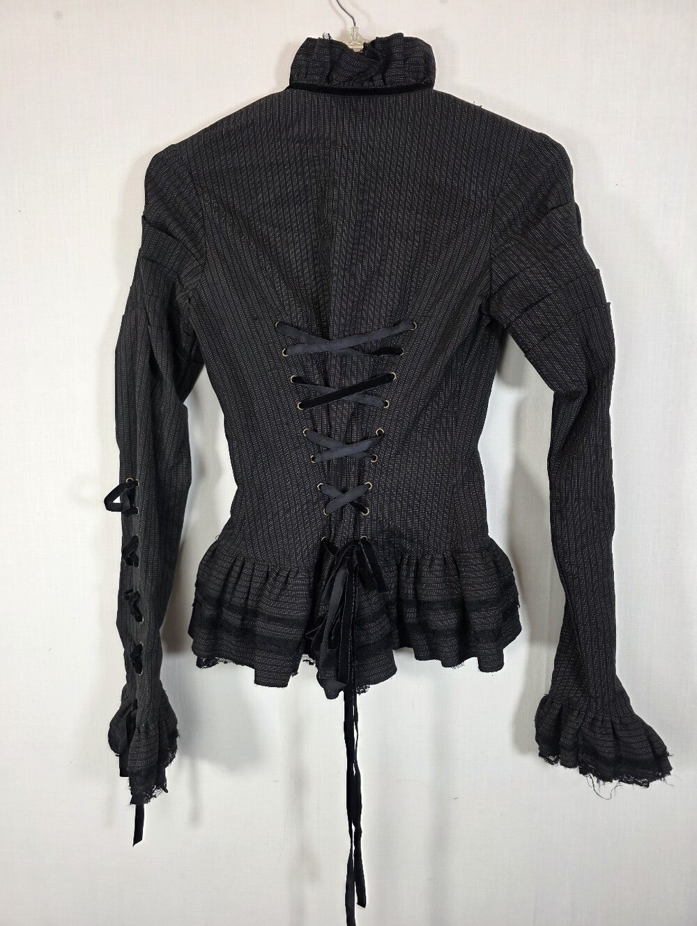Spin Doctor Victorian Goth Pinstripe Corset Top - Velvet Lace Up Bell Sleeve Jac - Picture 6 of 12